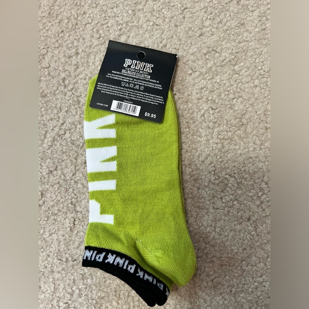 NWT NEW Victoria Secret VS PINK ankle socks OS ONE SIZE lime green - Picture 2 of 2